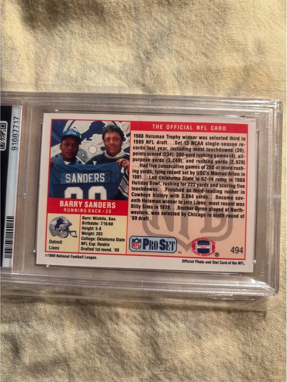 1989 Pro Set Barry Sanders Rookie Card #494 PSA Mint 9